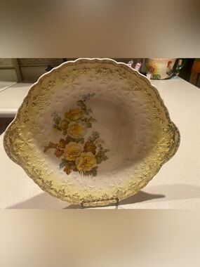 Vintage Leigh Ware 22k  Yellow Floral Decorative Cake Plate